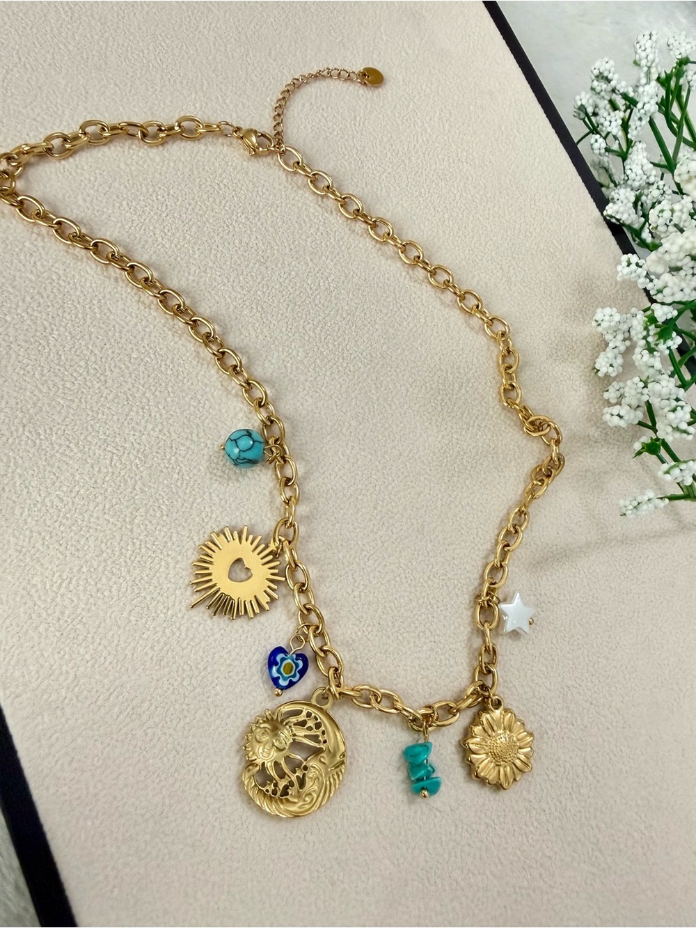 Boho Gold-Tone Sun & moon Charm Necklace with Turquoise Accents